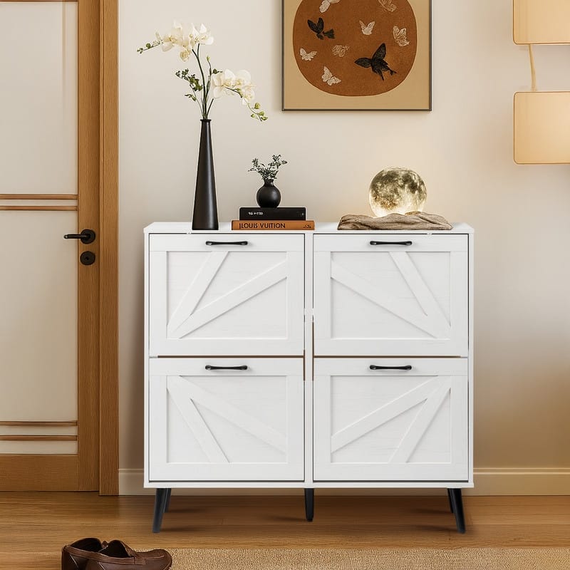 Barn Door 4 Flip Black Handles Melamine Particleboard Shoe Cabinet 41.7In