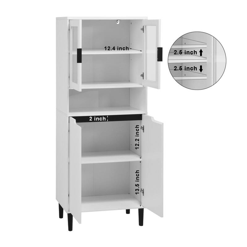 Tall Kitchen Pantry Cabinet with 2 Glass Display Doors & 2 Solid Doors