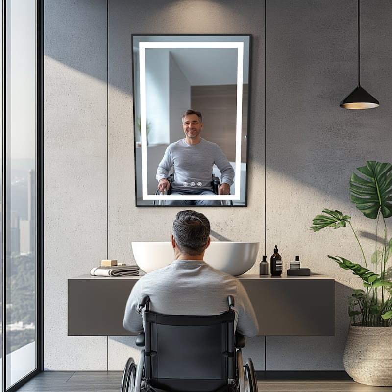 Dimming Front-lit Black Frame Bathroom Vanity Mirror Fixed Tilt Design for Disabled - 23.62x35.43''