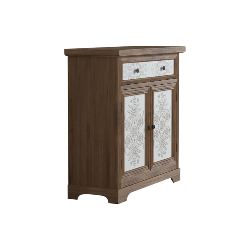 Rustic Vintage Accent Cabinet with Carved Floral Panels, Distressed Wood Sideboard with Drawer and Double Doors
