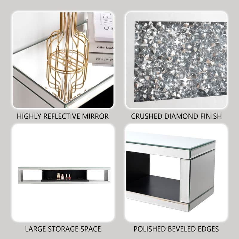 Mirrored Floating TV Shelf Crushed Diamonds Wall Mounted