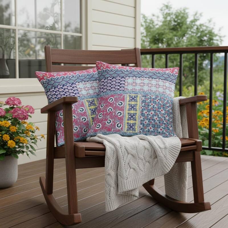 HomeRoots Set of Two 16" X 16" Blue and Pink Blown Seam Floral Indoor Outdoor Throw Pillow - 16.00' X '16.00' X '5.00 - Blue/Pink - 16.00' X '16.00' X '5.00
