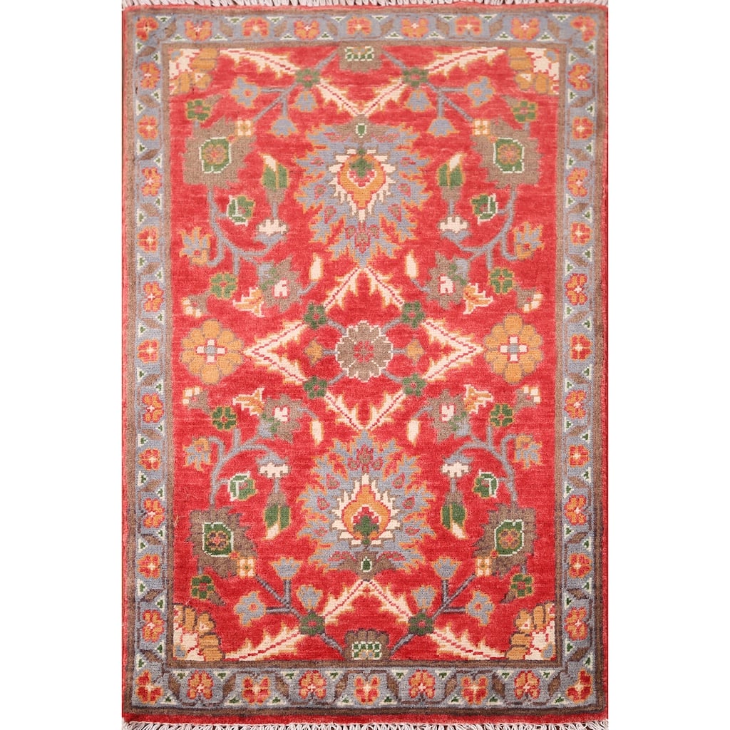 Hand Knotted Oriental 100% Wool Carpet Traditional Floral Red Kazak Area Rug - 3' 1'' X 2' 1''