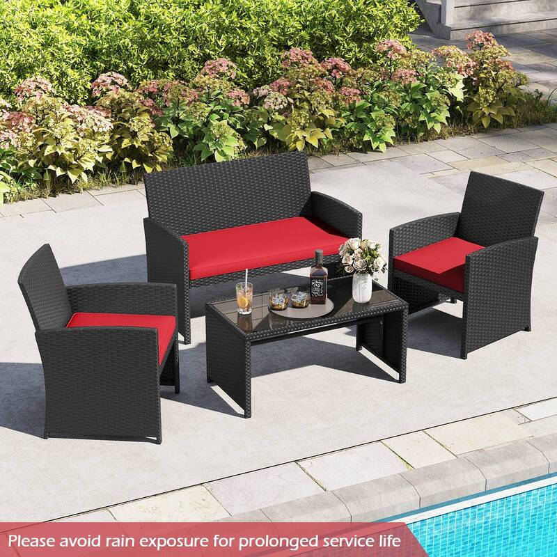 Gymax Set of 8 Patio Conversation Set w/Seat Cushions & Tempered Glass