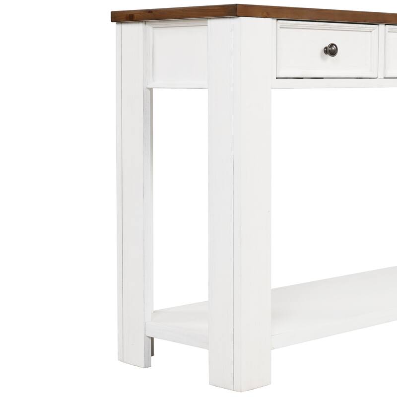 Pine Wood Console Table with 4 Drawers and Bottom Shelf for Entryway Hallway