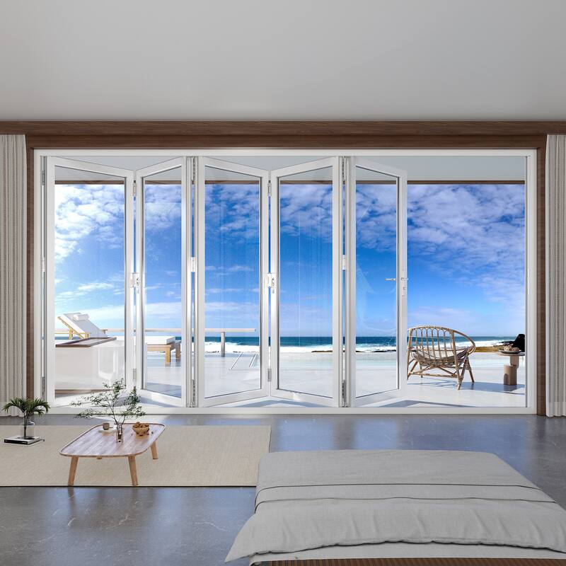 KaMic 168"×80" 5 Panels Aluminum Folding Door In White,Folded Out From Left To Right Model #:FD5PWH16880-LR