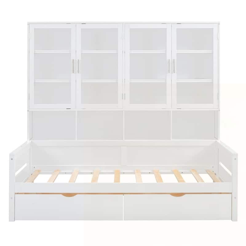 Wooden Daybed with Glass-Door Storage Cabinets and Built-in LED Lighting