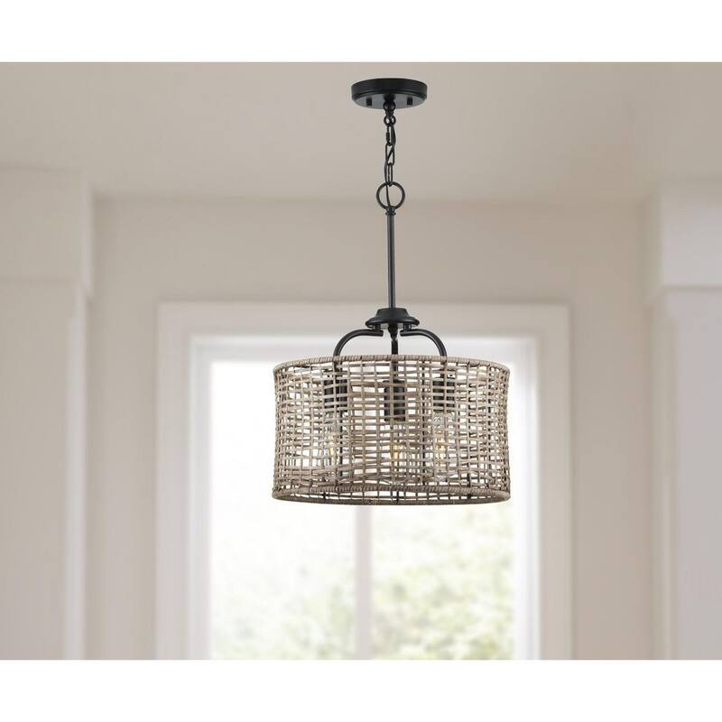 Lavelle Collection 3-Light Rattan Black Semi-Flush Mount Ceiling Light - 15.625 in x 15.625 in x 14.375 in