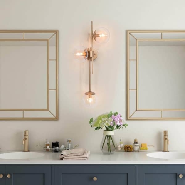 Gold Wall Sconce With Clear Glass Shades - 3-Light Modern Vanity Light For Bathroom & Bedroom
