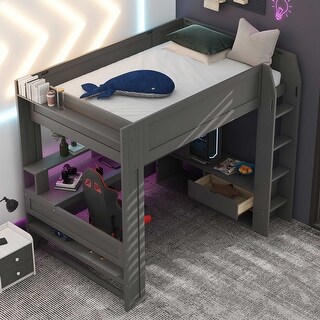 Full Size Loft Bed Frame with Desk,LED Light and Charging Station,Grey