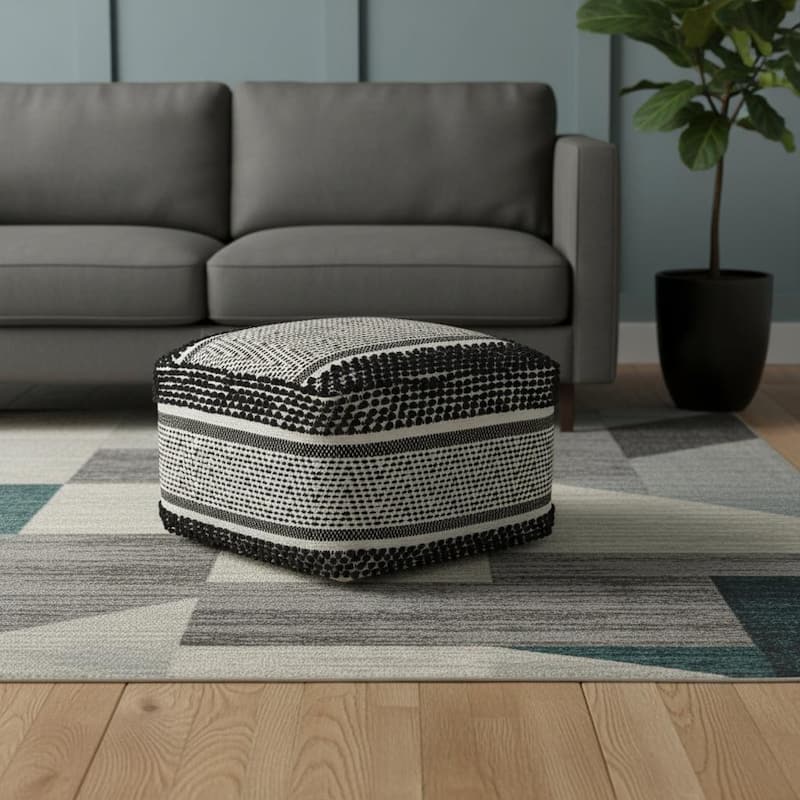 HomeRoots 22" Black and White Cotton And Wool Geometric Pouf Ottoman - White/Black - 22.00 in. x 14.00 in.  x 22.00 in.
