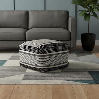 HomeRoots 22" Black and White Cotton And Wool Geometric Pouf Ottoman