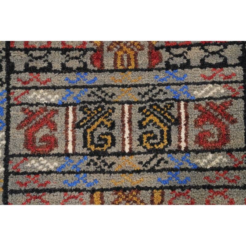 Hand Knotted Oriental 100% Wool Carpet Traditional Tribal Greys & Charcoal Kazak Runner Rug - 9' 11'' X 2' 7''
