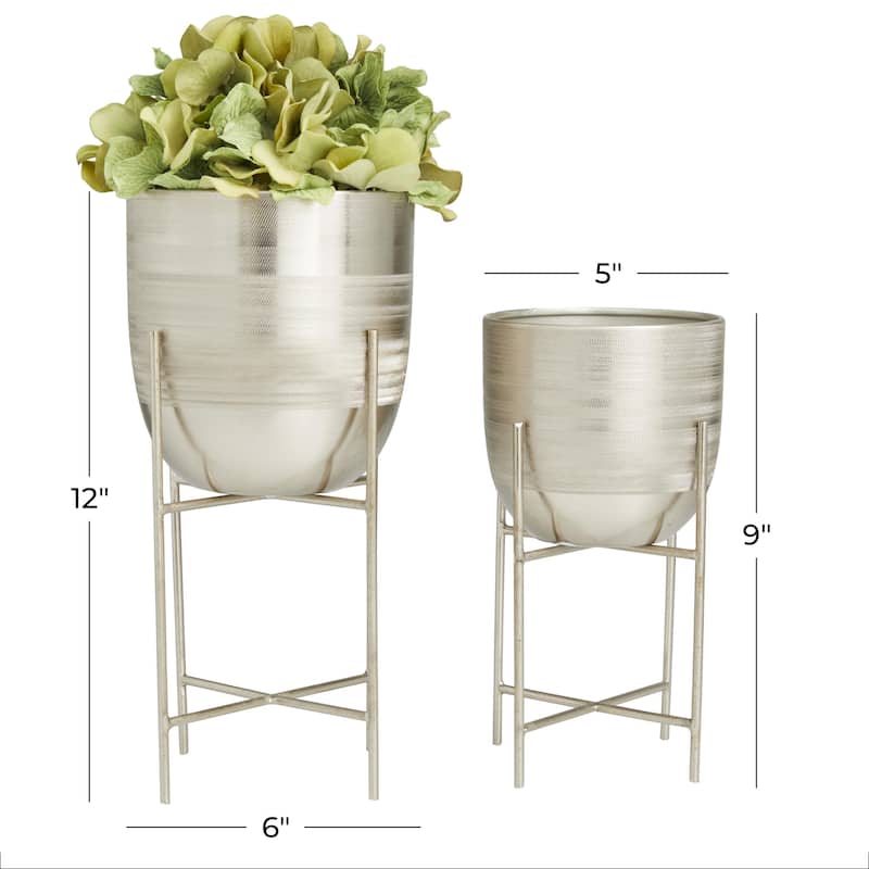 Metal Indoor Outdoor Planter with Removable Stand - Set of 2 Silver, Gray, Gold - Roche River Decor