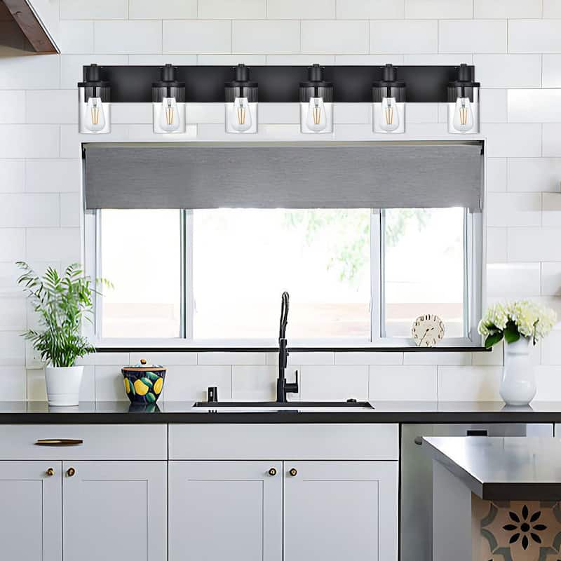 Rustic Wall Light Fixture in Matte Black Finish, 6 Light Bathroom Vanity Lighting with Clear Glass Shade, Wall Lamp Sconces