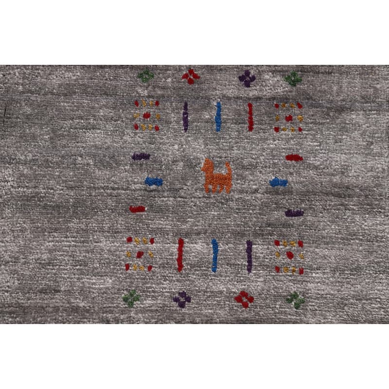 Hand Knotted Oriental Viscose Silk Carpet Tribal Animal Pictorial Greys & Charcoal Gabbeh Area Rug - 11' 6'' X 7' 11''