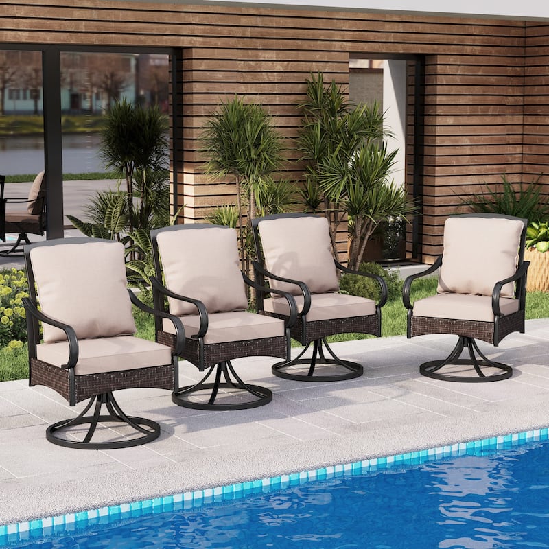 MAISON ARTS Patio Dining Swivel Chairs Set of 2/4 Framed E-Coating Steel and Rattan with Deep-seating and Back Cushions - 4-Piece Swivel Chairs