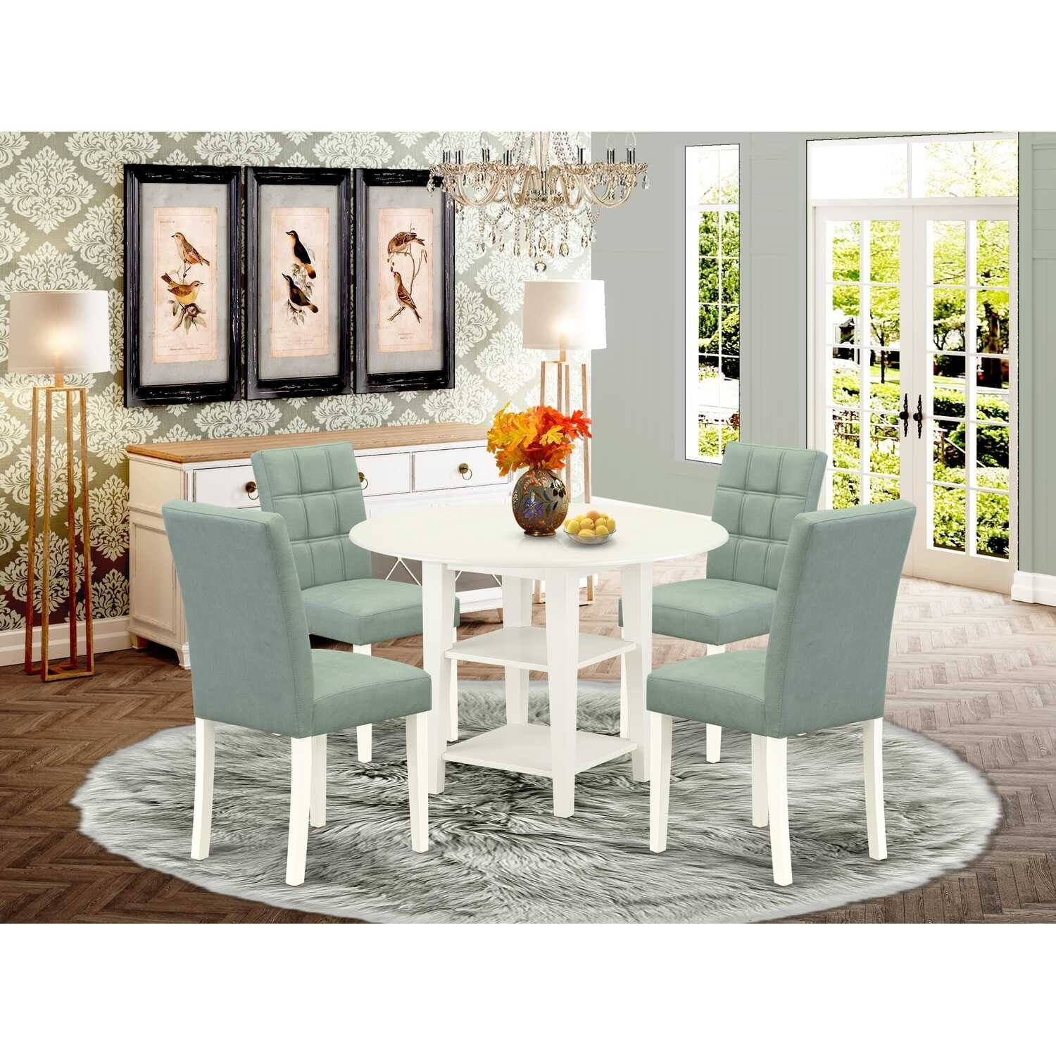 5-Piece Linen White Finish Solid Wood Top - Round Dining Room Set - Seats 4