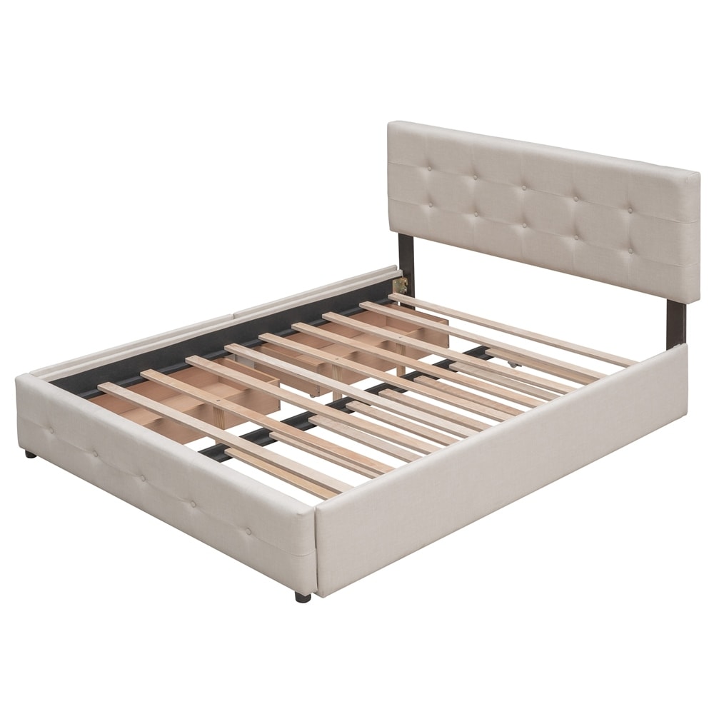 Linen Fabric Upholstered Platform Bed with 2 Drawers and 1 Twin XL Trundle