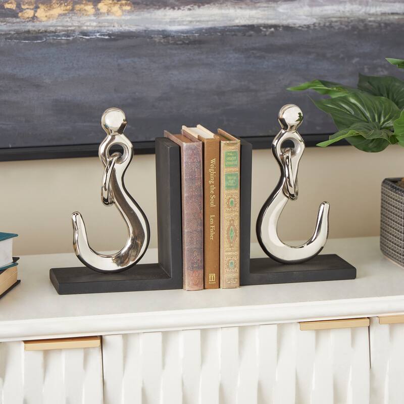 Silver Aluminum Metal Hook Decorative Bookends with Black Bases (Set of 2) - Silver