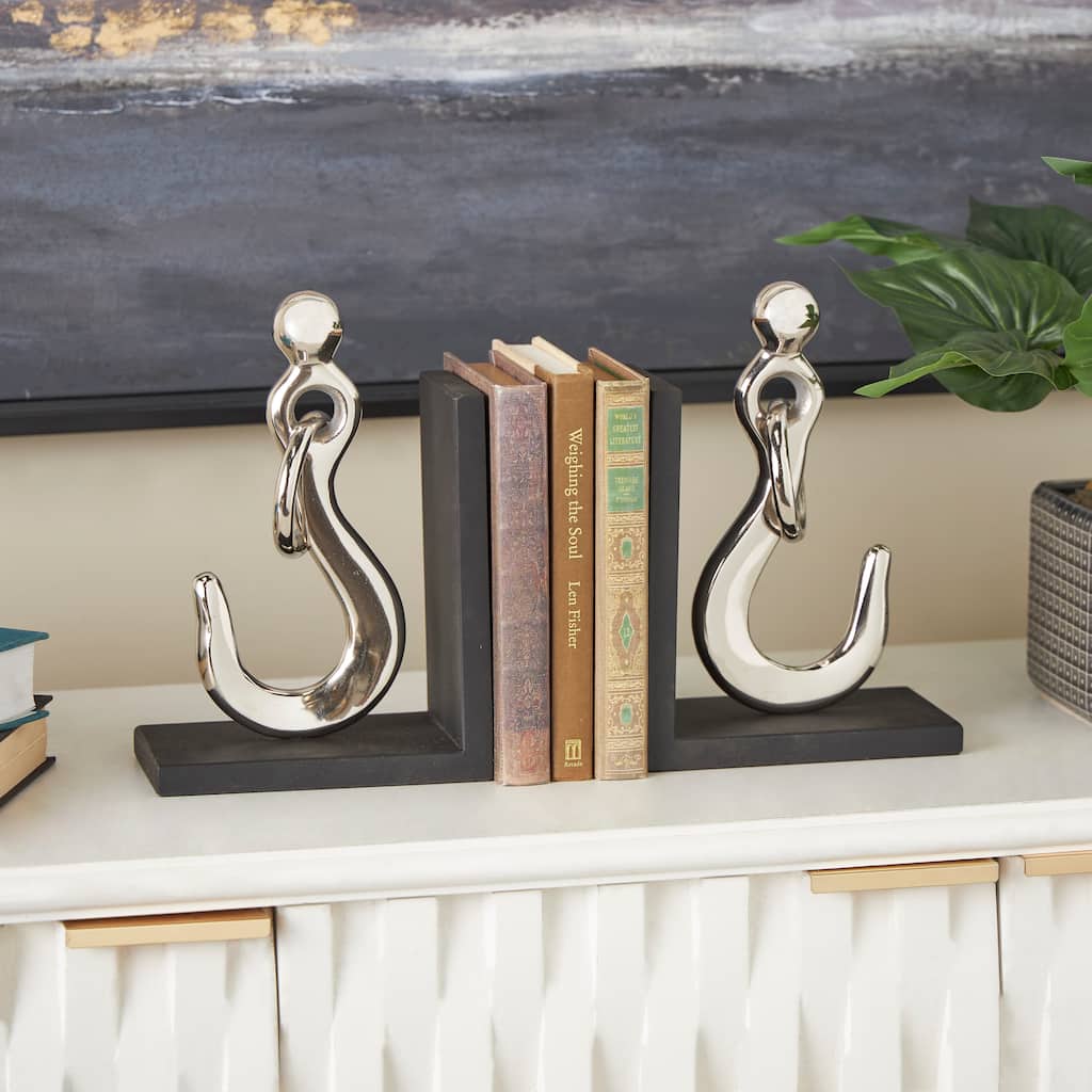 Silver Aluminum Metal Hook Decorative Bookends with Black Bases (Set of 2)