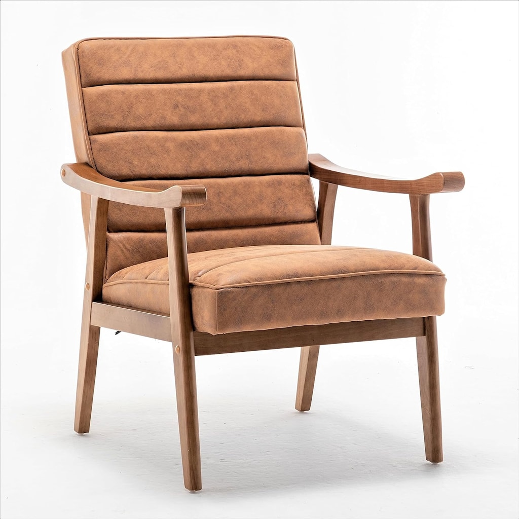 Mid Century Modern Accent Chair with Plush Foam, Leather-Look Microfiber Seat and Back Cushions