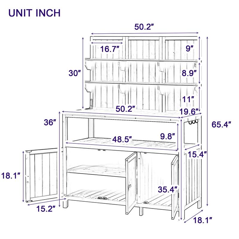 Potting Bench with Hutch, 50.2" Solid Fir Wood Garden Workstation, 2 Shelves, 2 Cabinets, 3 Side Hooks, Outdoor Planting Table
