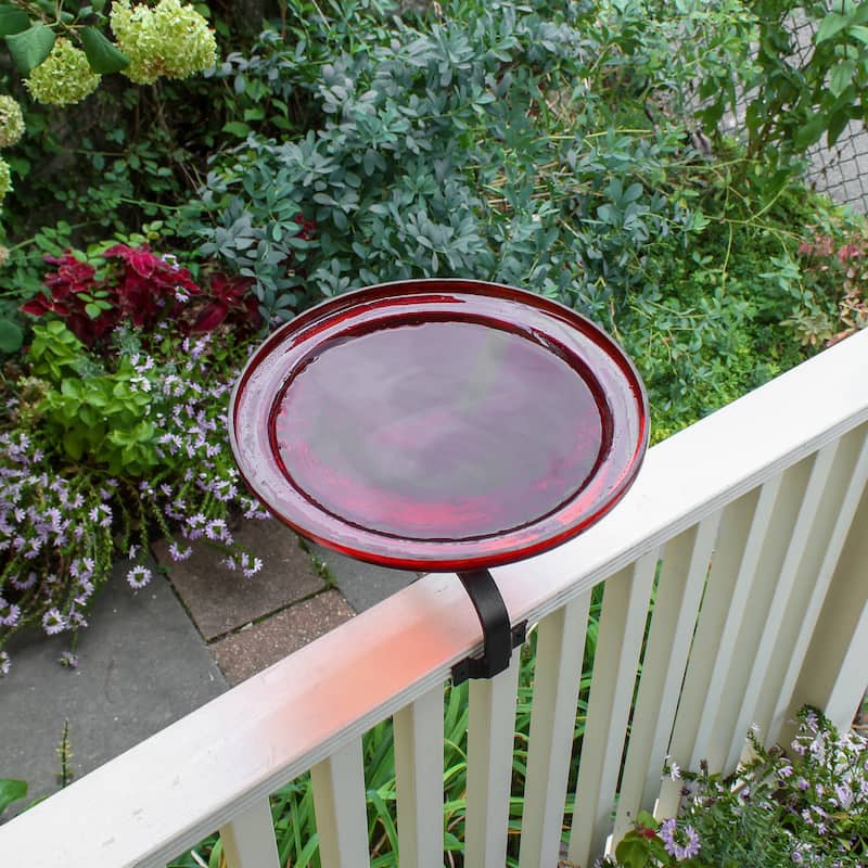 Achla Designs 12.5"Dia. Round Crackle Glass Birdbath w/Black Wrought Iron Over Rail Bracket