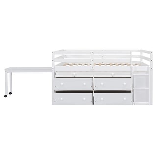 Full Low Loft Bed with Rolling Portable Desk & Shelves, Wood Loft Bed Frame with 4 Drawers for Kids & Teens, Boys, Girls White