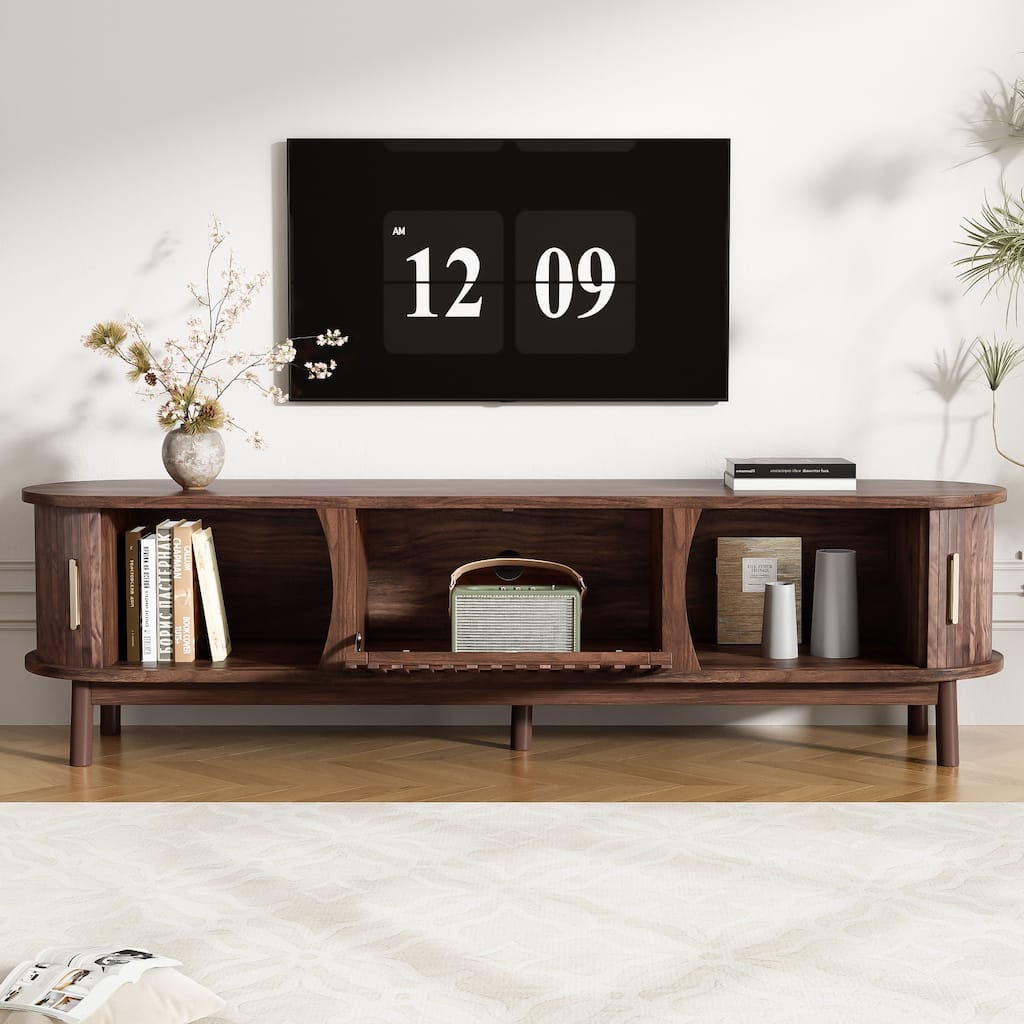 Roomfitters Farmhouse TV Stand for 75" TVs, Wood Entertainment Console with Storage Cabinet, Living Room Design, Dark Brown