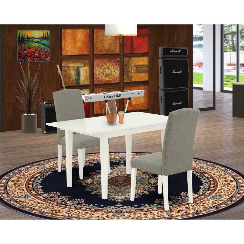 HomeStock 3-Piece Linen White Finish Rectangular Solid Wood Top With Butterfly Leaf Dining Table Set