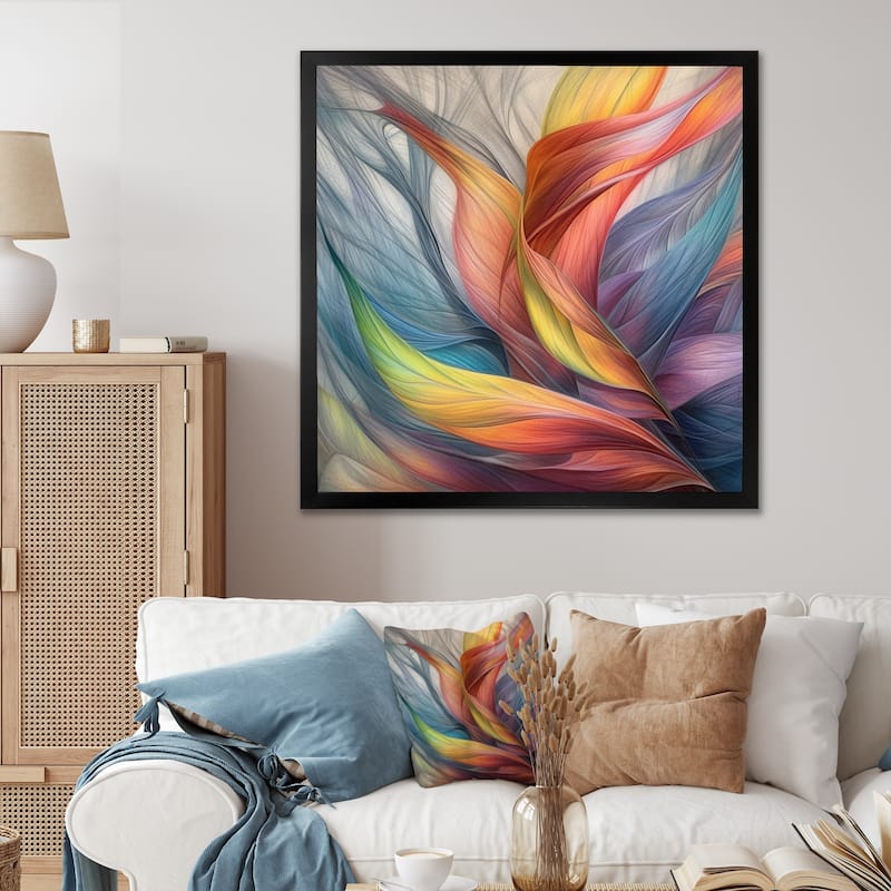 Designart "Vintage Rainbow Pastel Leaves Boho Watercolor I" Abstract Painting Framed Wall Art Living Room - 36 in. wide x 36 in. high - Black
