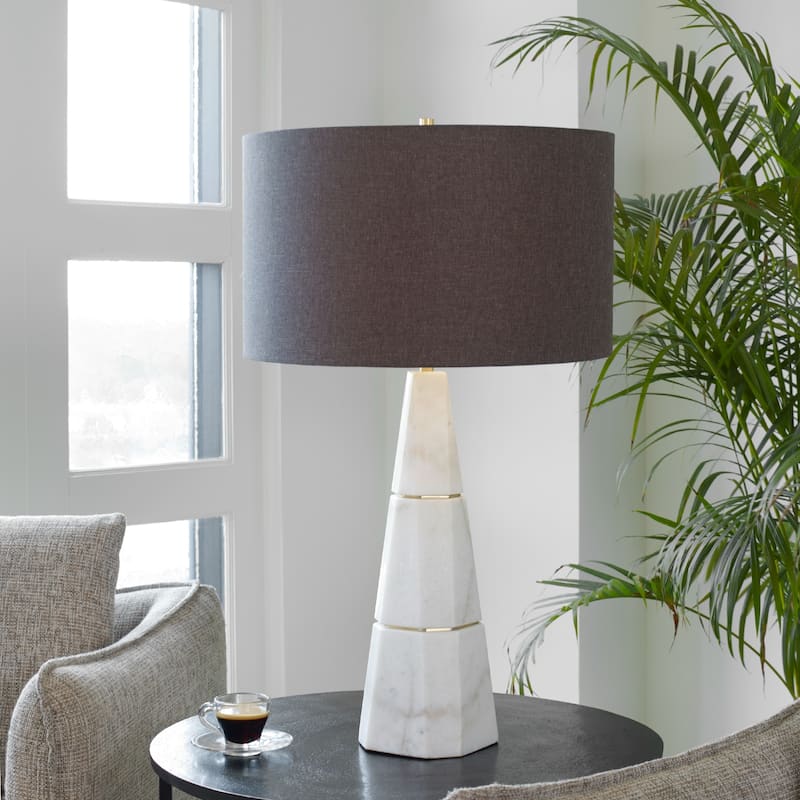 Honed Marble Table Lamp with Drum Shade - 28.75" - White and Gold