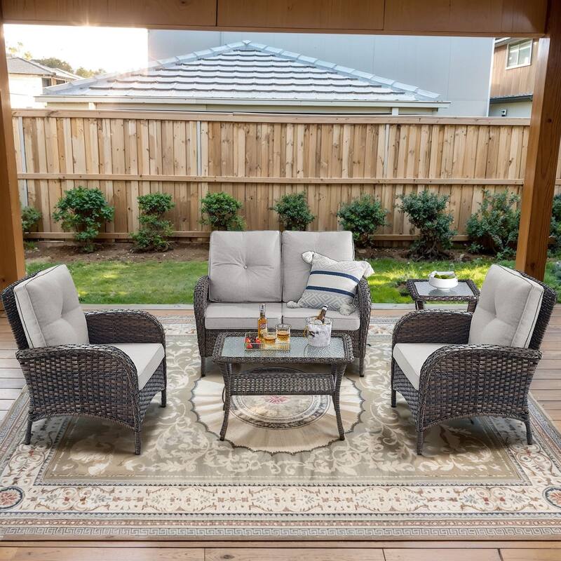 Gymojoy Outdoor Wicker Patio Furniture Loveseat and Chair Set - 5-Piece - Loveseat & Club Chairs - Brown Wicker / Beige Cusion