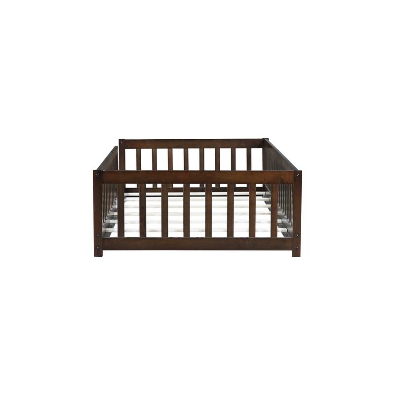 Montessori Twin Size Toddler Floor Bed with Fence without Door, Open-row Design Wood Frame Platform Bed with Safety Guardrails