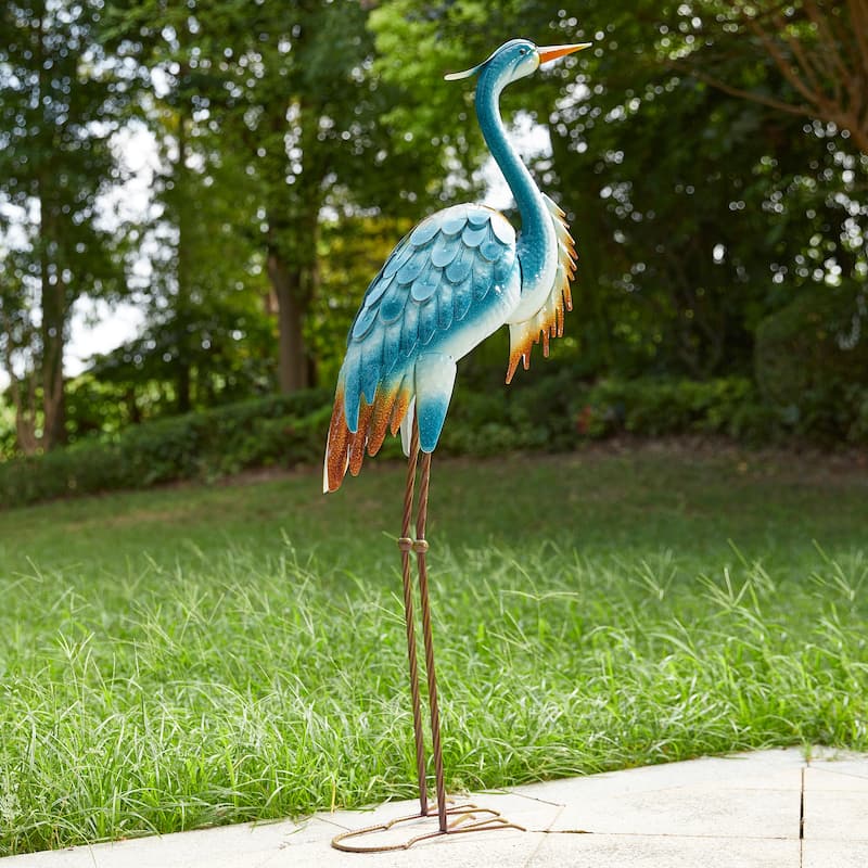 Glitzhome Metal Standing Crane Flamingo Garden Statue with Stakes Yard Art Sculpture Porch Decor