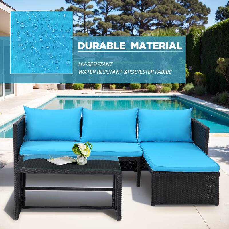 3 Pieces Patio Conversation Set, All Weather Outdoor PE Rattan Wicker Furniture Set with Cushions, Tempered Glass Coffee Table