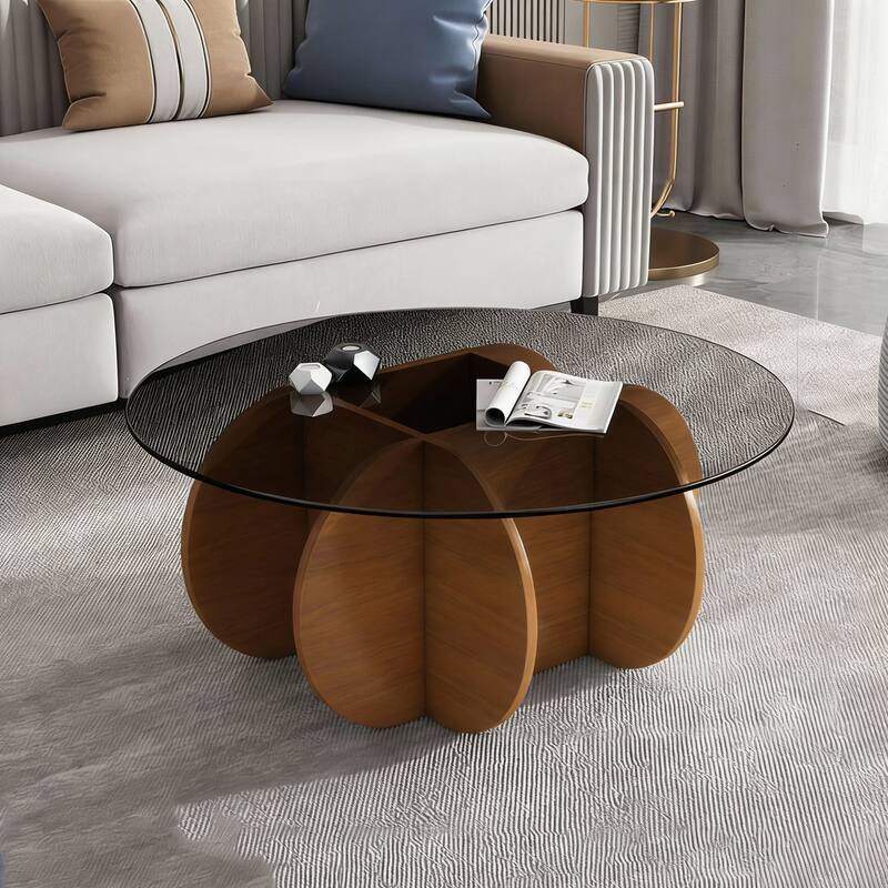 Modern Round Coffee Table for Living Room, Mid Century Center Table with Tempered Glass Top and Wood, Walnut