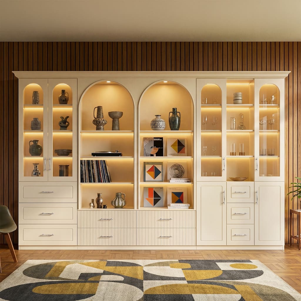 Modular Bookcase with LED Lights, Glass Door Storage Cabinet with Drawers, Large Display Shelving Unit Sideboard
