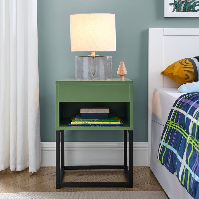 BIKAHOM Simple End Table with Drawer and Shelf for Any Room,Nightstand,Metal Leg Design - Green