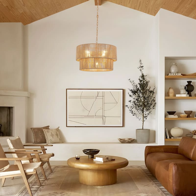 Starsky 5-Light 21in. Rattan Boho Tiered Drum Hand Woven Chandelier with Natural Rope Paper Shade
