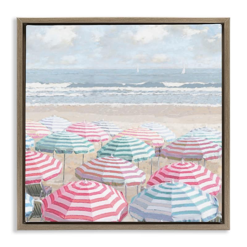 Stupell Bright Beach Umbrellas Scene Framed Floater Canvas Wall Art Design By Amber Sterling - 18 x 18 - Brown