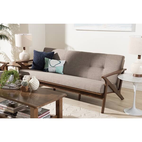 Shop Scarlette Walnut Wood Light Grey Fabric Tufted 3 Seater Sofa