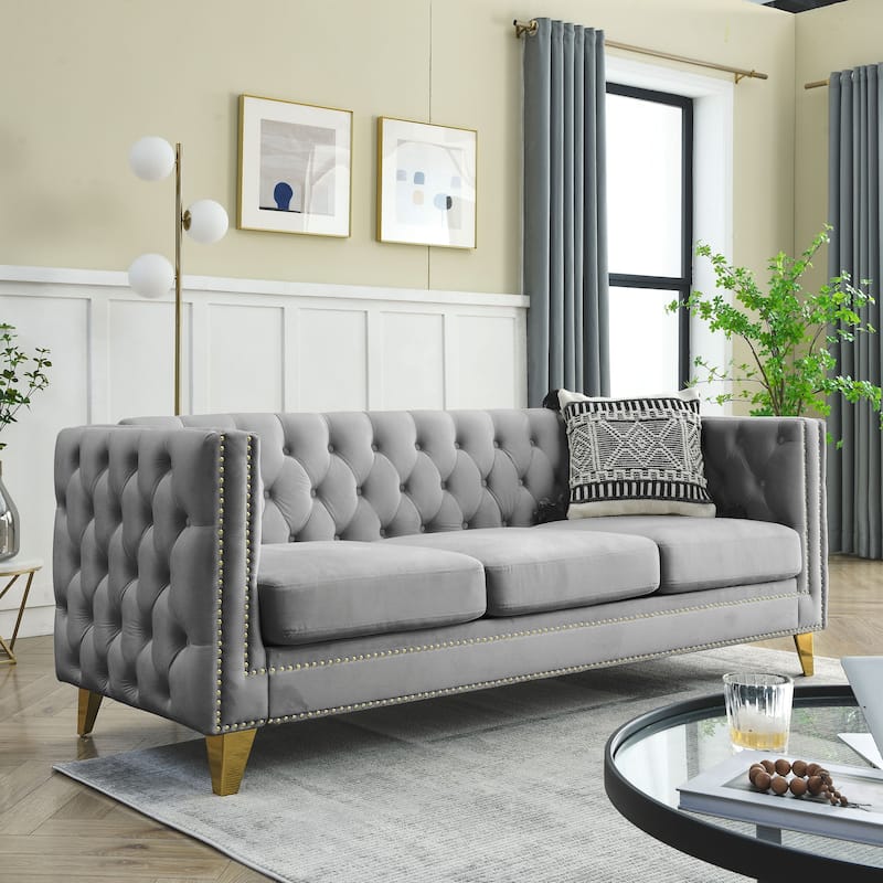 Classic Chesterfield Velvet Sofa Set, 2-Piece Button-Tufted 3-Seater Couch with Nailhead Trim and Metal Legs