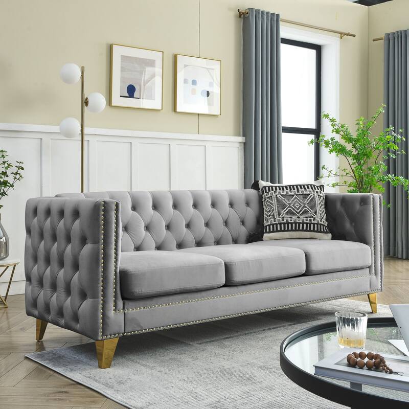 Velvet Chesterfield Sofa Set for Living Room, 3+3 Beige Sofa with Button Tufting, Square Arms, and Metal Legs