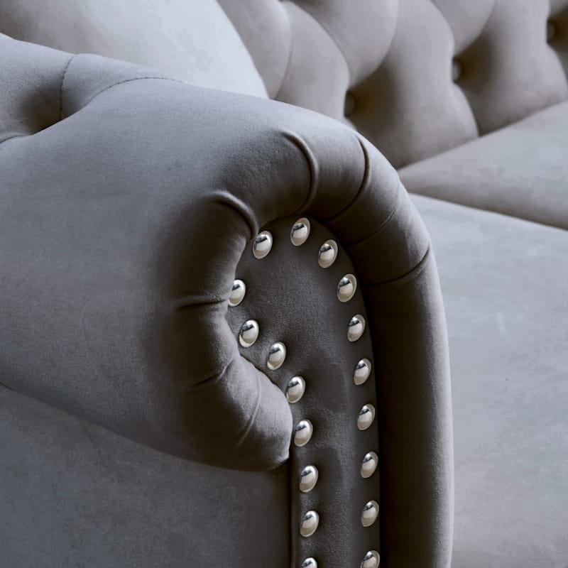 80" Chesterfield Sofa Grey Velvet for Living Room, 3 Seater Sofa Tufted Couch with Rolled Arms and Nailhead