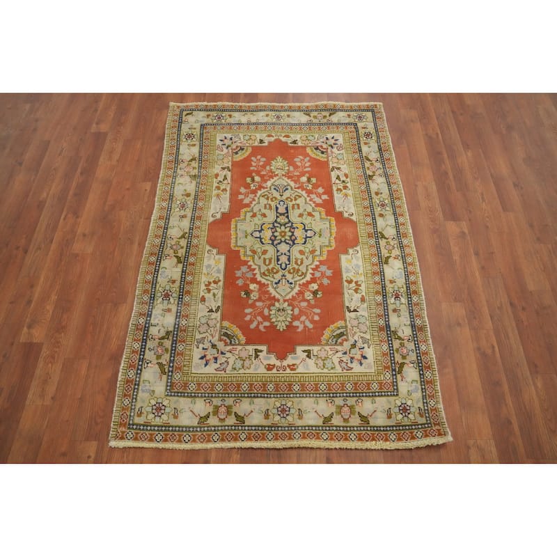 Hand Knotted Oriental 100% Wool Carpet Traditional Floral Oranges & Rust Tabriz Area Rug - 4' 10'' X 3' 3''