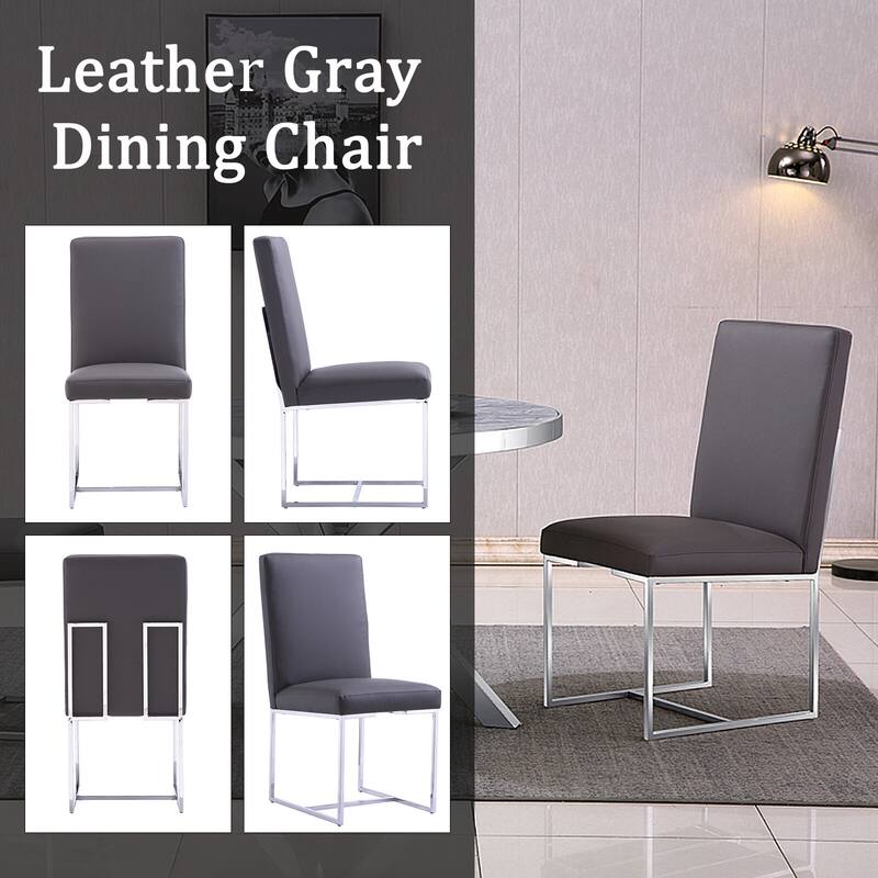 Grey Leather Upholstered Dining Chairs with Silver Stainless Steel Legs Set of 2