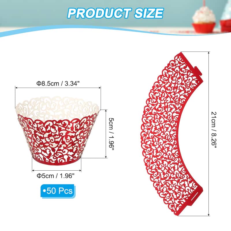 Cupcake Wrappers Paper, 50 Pack Baking Cups Standard Vine Decor - Reflective Red
