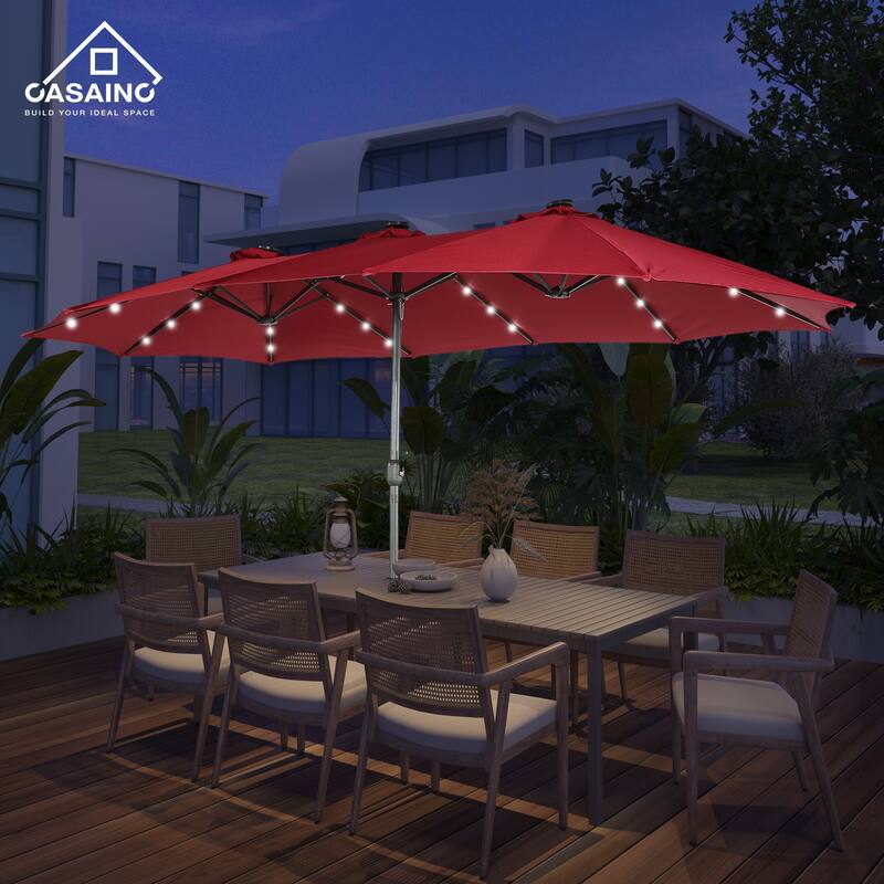 15-ft. Rectangular Crank Double-sided Outdoor Market Umbrella Solar LED Lighted Patio Umbrella with Base Included